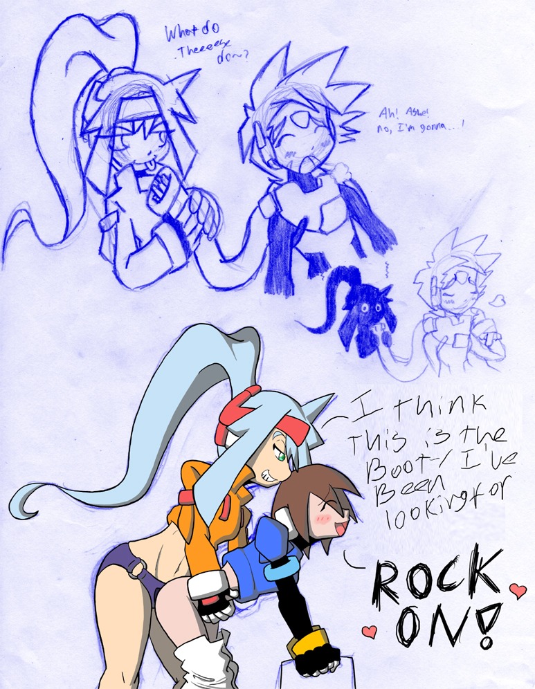 2girls aile all_fours ashe_(megaman_zx) ass blouse blush breasts brown_hair female green_eyes grey_(mega_man_zx) heart licking mega_man mega_man_zx mega_man_zx_advent multiple_females multiple_girls no_panties ponytail rule34 short_hair shorts shorts_down small_breasts smiling strap-on strapon tied_hair uncensored yuri