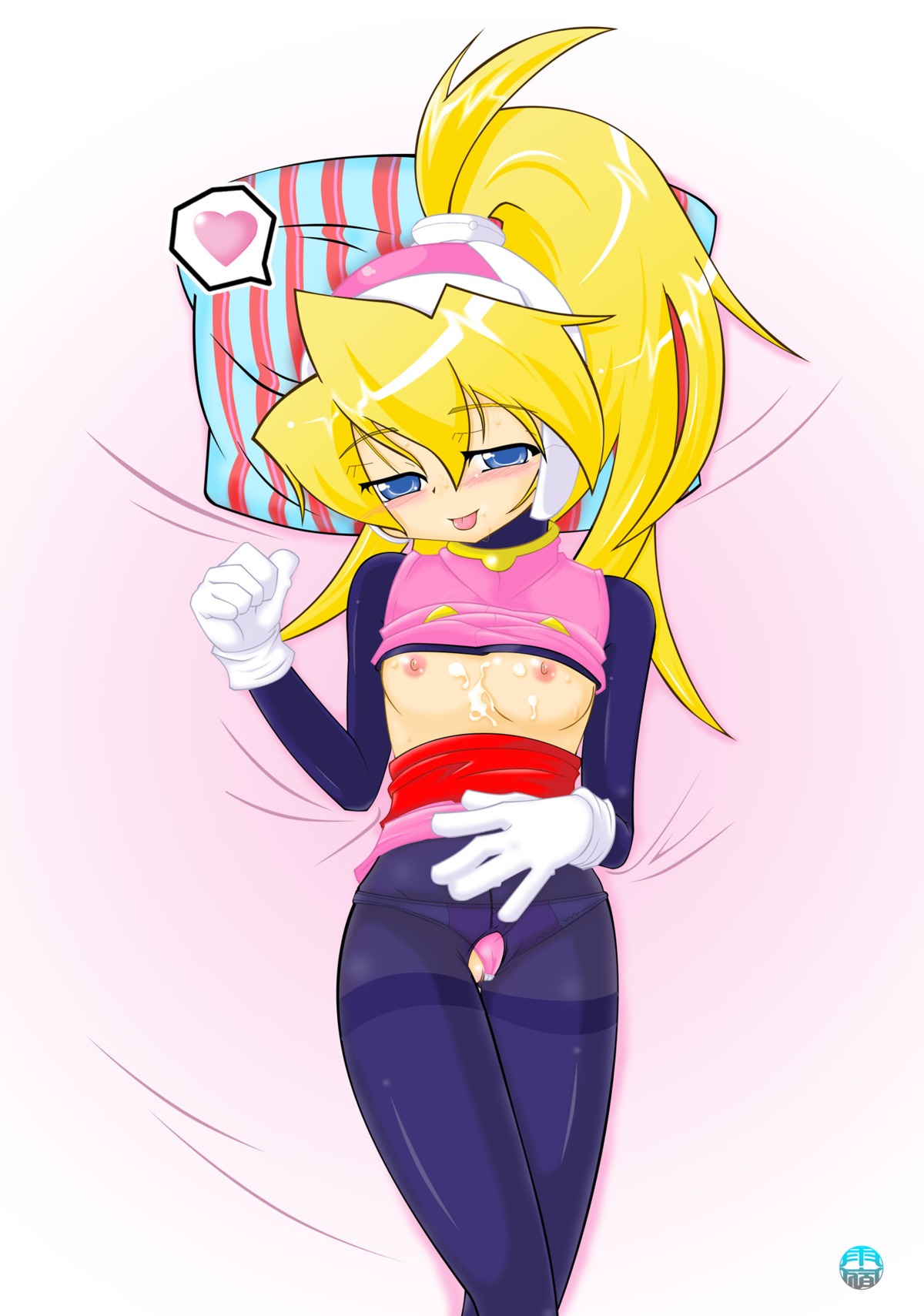 1girls blonde_hair blue_eyes breasts ciel_(mega_man) cum cum_on_body cum_on_breasts exposed_breasts female lying mega_man mega_man_zero naughty_face panties panty_slip pantyhose pink_panties ponytail pussy rule34 solo tied_hair tongue tongue_out torn_pantyhose