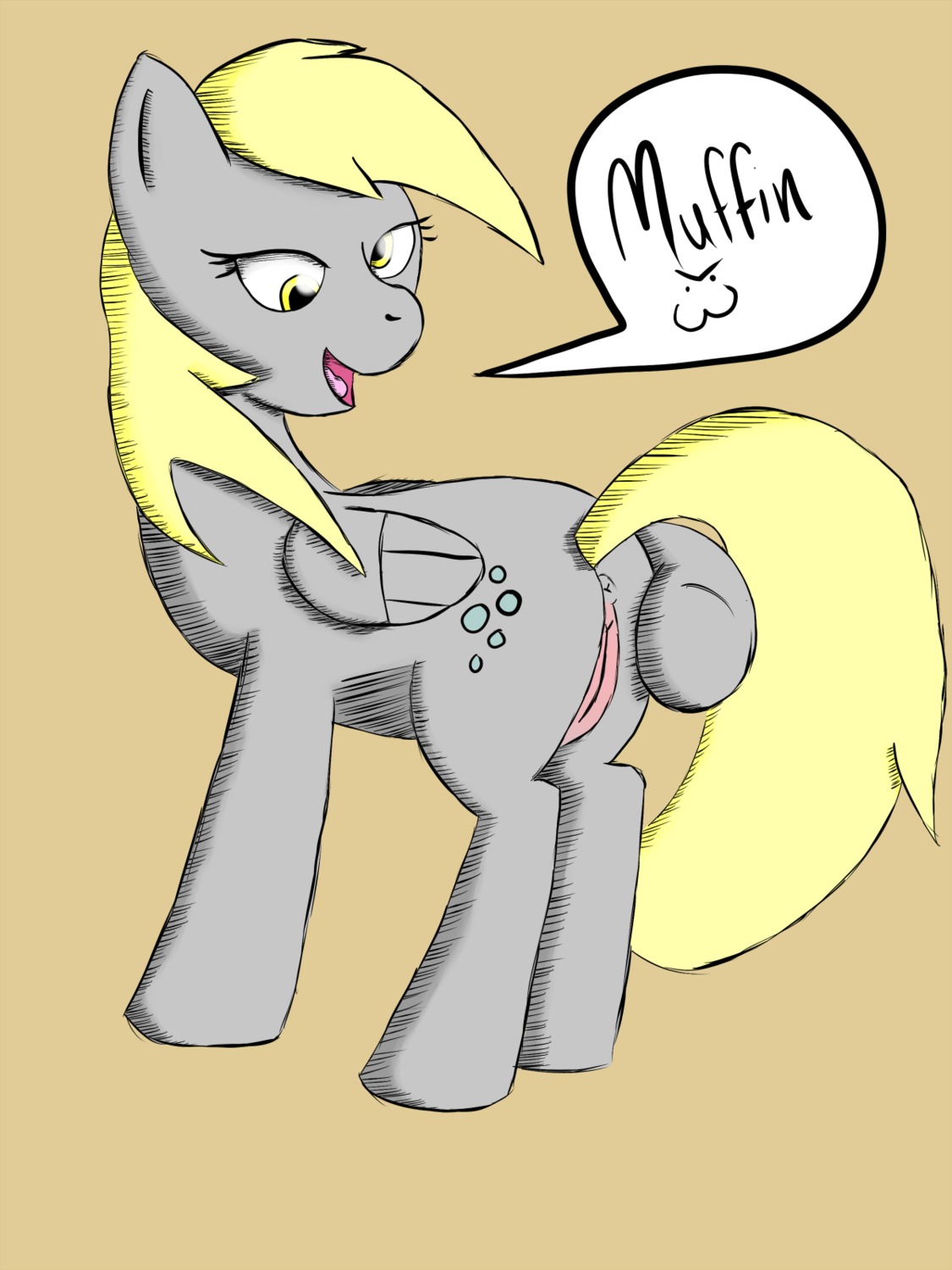1girls anthro_female anthro_focus anthro_only anus derpy_hooves equine female feral friendship_is_magic grey_fur horse looking_back my_little_pony pegasus pony pussy rage_grenade rule34 simple_background smooth_skin tail text text_bubble vagina wings yellow_eyes yellow_hair