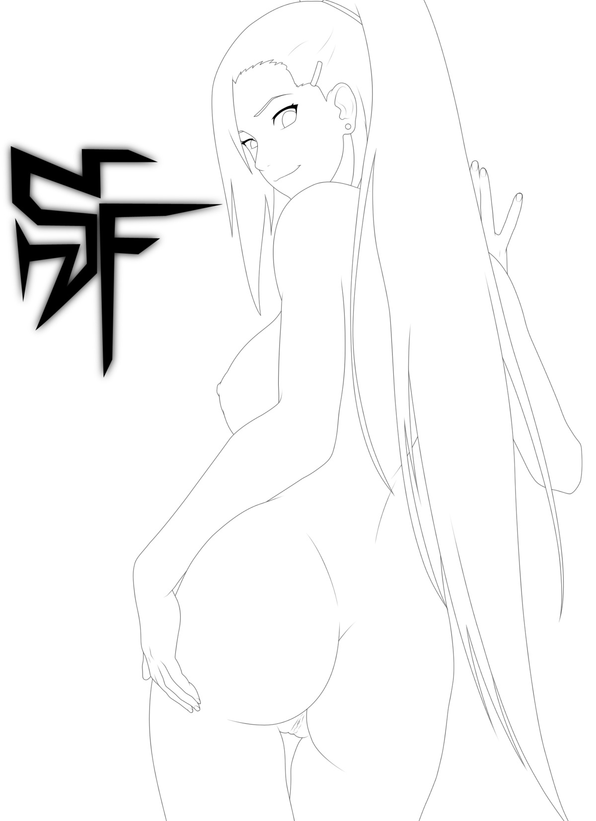 ass back female female_only highres human ino_yamanaka line_art monochrome naruto naruto_(series) nude ponytail pussy rule34 smile solo stiky_finkaz tied_hair uncensored watermark