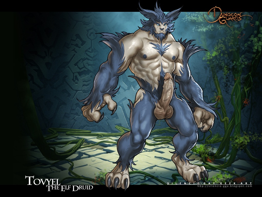 4:3 balls claws digital_media_(artwork) e621 elf erection eyebrows fangs finger_claws fingers full-length_portrait fur genitals humanoid male muscular muscular_humanoid muscular_male nipples nude nude_male pecs penis portrait silencio solo standing teeth text toe_claws wallpaper