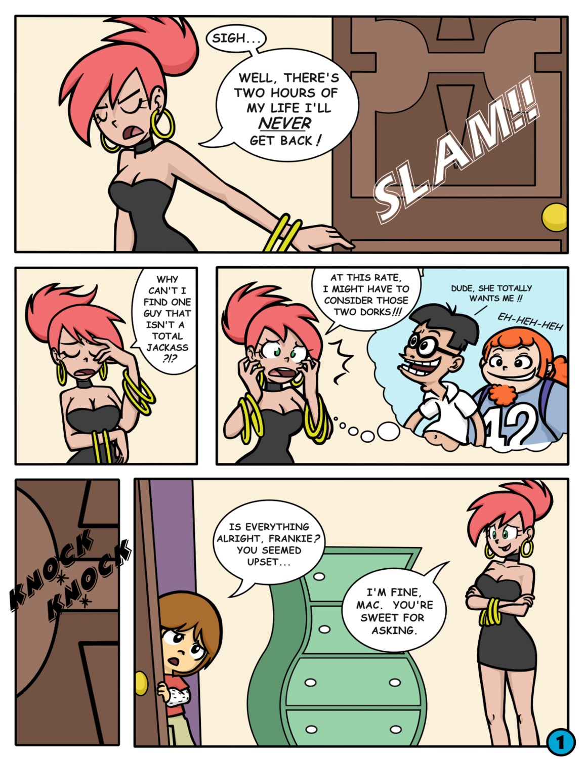 1girls bimbo black_dress bracelet bracelets breasts cartoon_network choker cleavage clothed clothing comic dress earrings english_text eyelashes female foster's_home_for_imaginary_friends frankie_foster garabatoz hoop_earrings hourglass_figure human imaginary_lover little_black_dress mac_(fhfif) male minidress page_1 phillipthe2 rule34 text