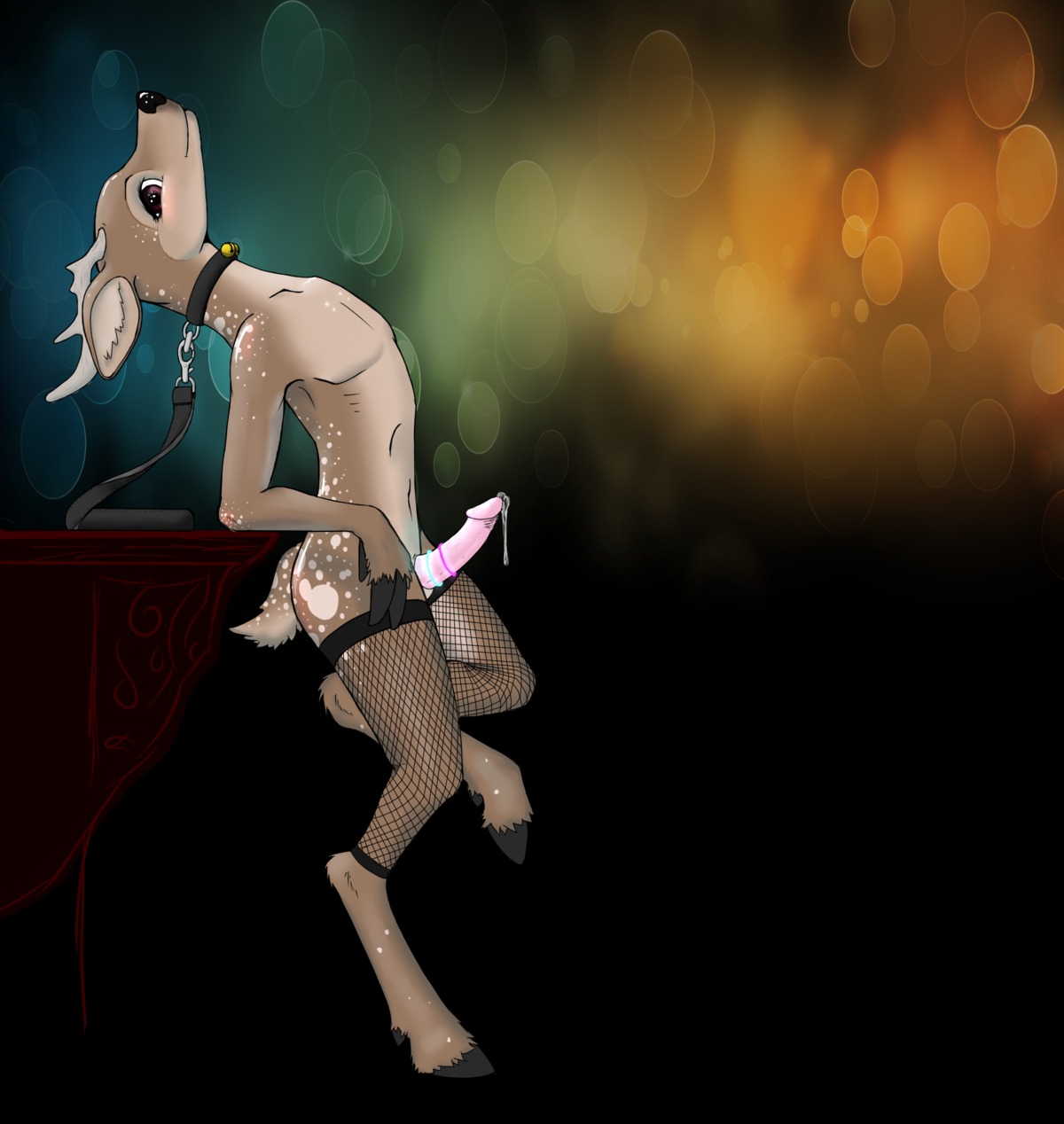 2013 accessory anthro antlers blush bodily_fluids brown_body brown_fur clothing cock_ring collar deer e621 erection fishnet_clothing fur genital_fluids genitals glowstick head_back hi_res hooves horn jewelry leash legwear looking_at_viewer male mammal multiple_cock_rings penis penis_accessory penis_jewelry precum red_eyes scruff_the_deer scruffythedeer solo stockings