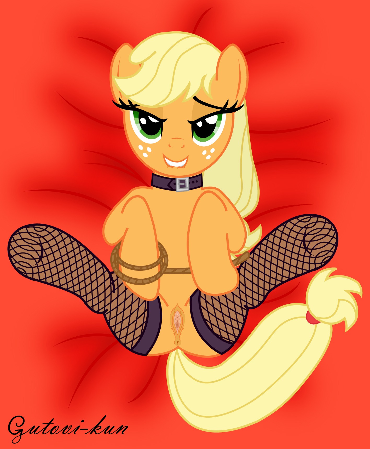 anus applejack_(mlp) blonde_hair clothing collar e621 earth_pony equid equine female feral fishnet_clothing freckles friendship_is_magic fur genitals green_eyes gutovi-kun hair hasbro hi_res horse hymen legwear long_hair looking_at_viewer lying mammal my_little_pony on_back open_mouth orange_body orange_fur pony rope smile solo spread_legs spreading stockings vulva