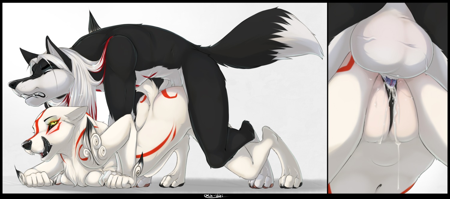 2012 :d abdominal_bulge all_fours amaterasu_(okami) animal_genitalia animal_penis anthro anthro_on_anthro anthro_penetrated anthro_penetrating anthro_penetrating_anthro anthrofied ass_up backsack balls black_body black_fur black_lips black_nose black_sclera black_tongue black_vulva bodily_fluids breasts canid canine canine_genitalia canine_penis canis capcom chest_tuft clenched_teeth close-up clover_studio cum cum_in_vagina cum_inside deep_penetration deity dipstick_tail duo e621 eye_contact eyes_closed fangs female female_penetrated from_behind_position fur genital_fluids genitals hair hi_res kime knot knotting licking licking_lips lips lol_comments looking_at_another looking_back looking_pleasured male male/female male_penetrating male_penetrating_female mammal markings mounting nnecgrau nude okami_(capcom) penetration penile penile_penetration penis penis_in_vagina saliva self_lick sex simple_background smile tail tail_markings teeth tongue tongue_out tuft vaginal vaginal_knotting vaginal_penetration vulva white_body white_fur white_hair widescreen wolf yellow_eyes