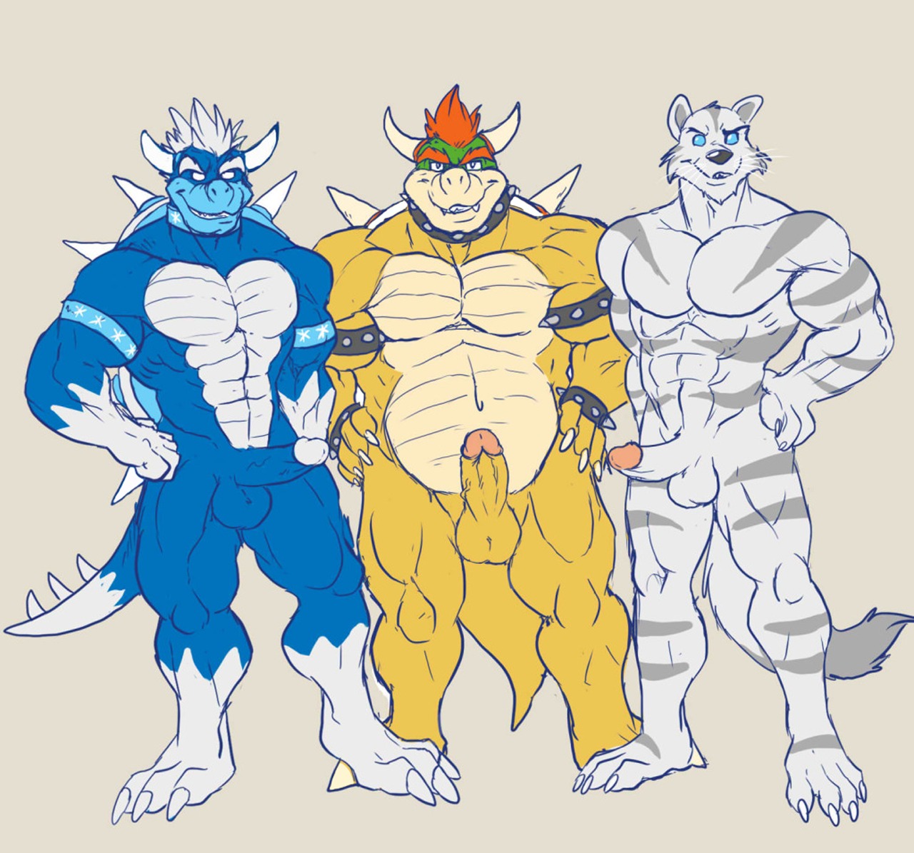 3boys anthro arody bowser brumal dragon erection furry koopa lizard looking_at_viewer male male_only mario_(series) muscular mutant-serpentina mutant_serpentina nintendo penis posing reptile rule34 scalie tiger turtle white_tiger