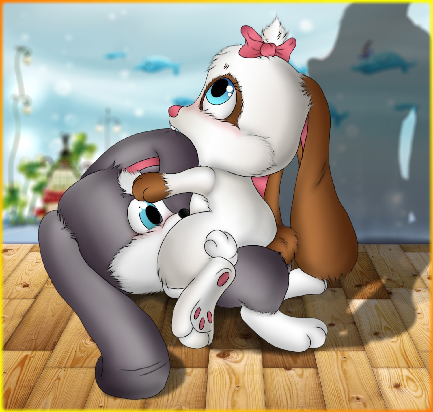 absurd_res accessory bite blue_eyes blush bow_(feature) bow_accessory bow_ribbon brown_body brown_fur cunnilingus duo e621 ear_bite female feral fur grey_body grey_fur hair_accessory hair_bow hair_ribbon hi_res jamster lagomorph leporid long_ears looking_up male male/female mammal onstatobol oral pawpads paws rabbit ribbons sex snuggelina snuggle_bunny vaginal white_body white_fur