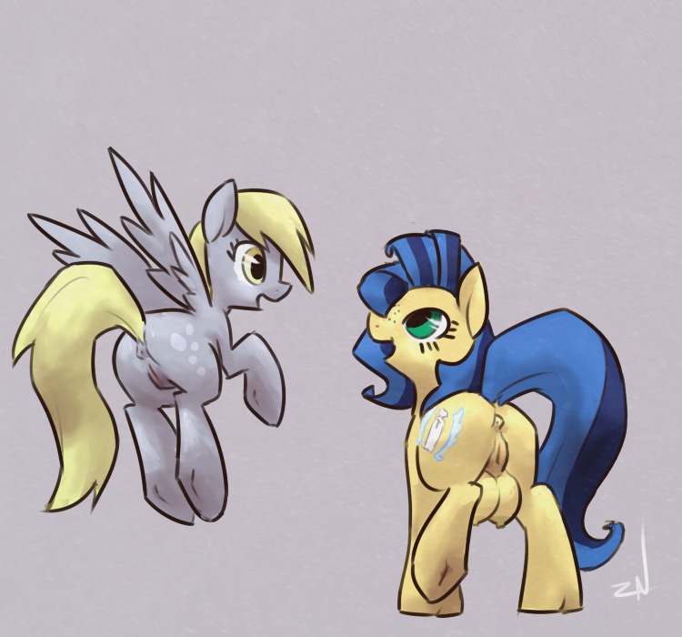 2013 amber_eyes anus blonde_hair blue_hair cutie_mark derpy_hooves_(mlp) duo e621 earth_pony equid equine eye_contact fan_character feathered_wings feathers female feral friendship_is_magic fur genitals green_eyes grey_body grey_feathers grey_fur hair hasbro horse looking_at_another mammal milky_way_(flash_equestria) multicolored_hair my_little_pony mythological_creature mythological_equine mythology open_mouth pegasus ponchuzn pony quadruped simple_background tail teats two_tone_hair vulva wings yellow_body yellow_fur