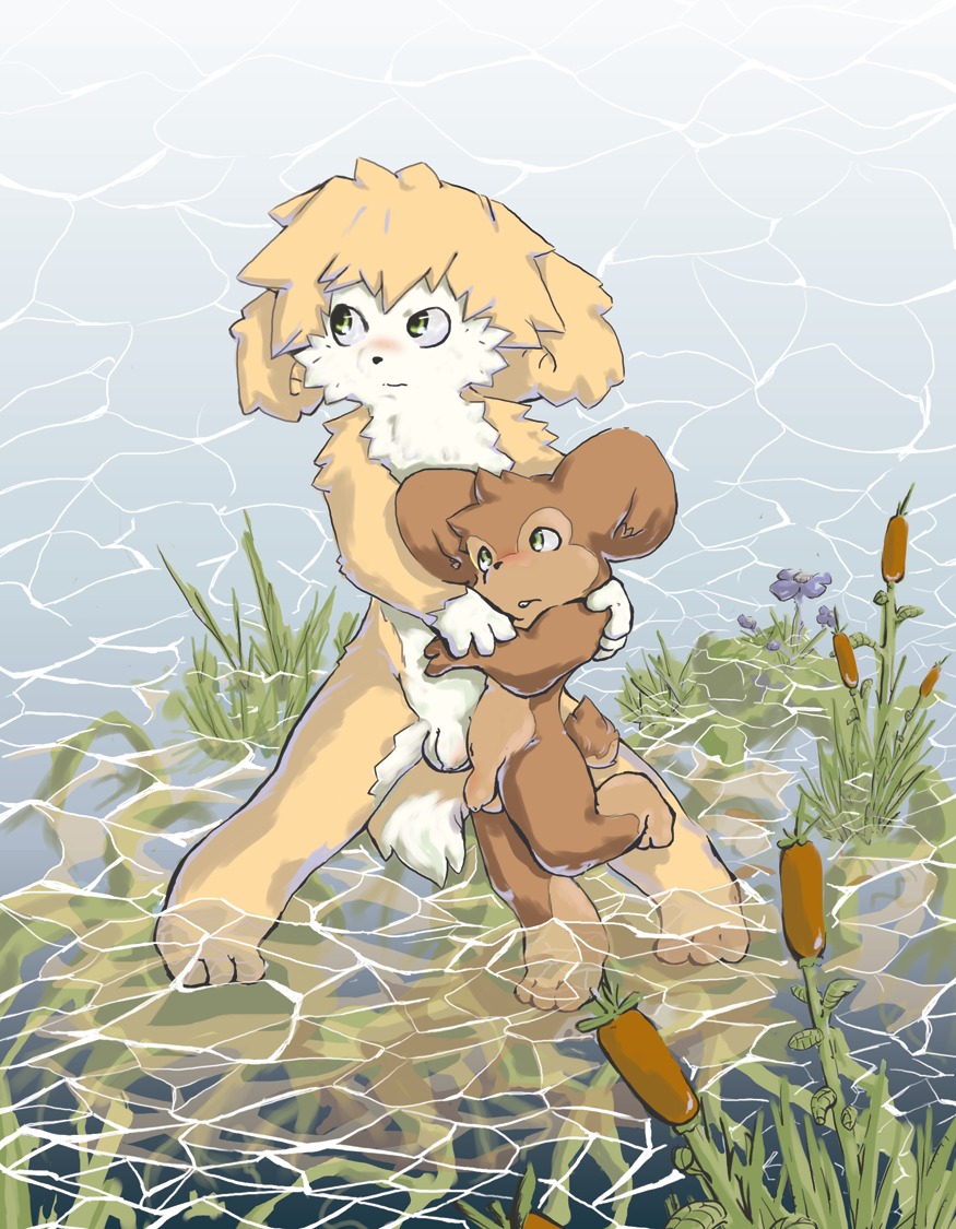 anthro balls bathing blush canid canine canis domestic_dog duo e621 flaccid foreskin genitals green_eyes hug hugging_another humanoid_genitalia humanoid_penis long_foreskin male male/male mammal mek nude penis rodent shota standing unretracted_foreskin water young young_anthro young_male