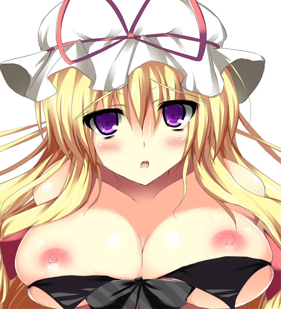 blonde_hair breasts female hat kishiki_kanmitsu large_breasts long_hair nipples purple_eyes rule34 touhou yukari_yakumo