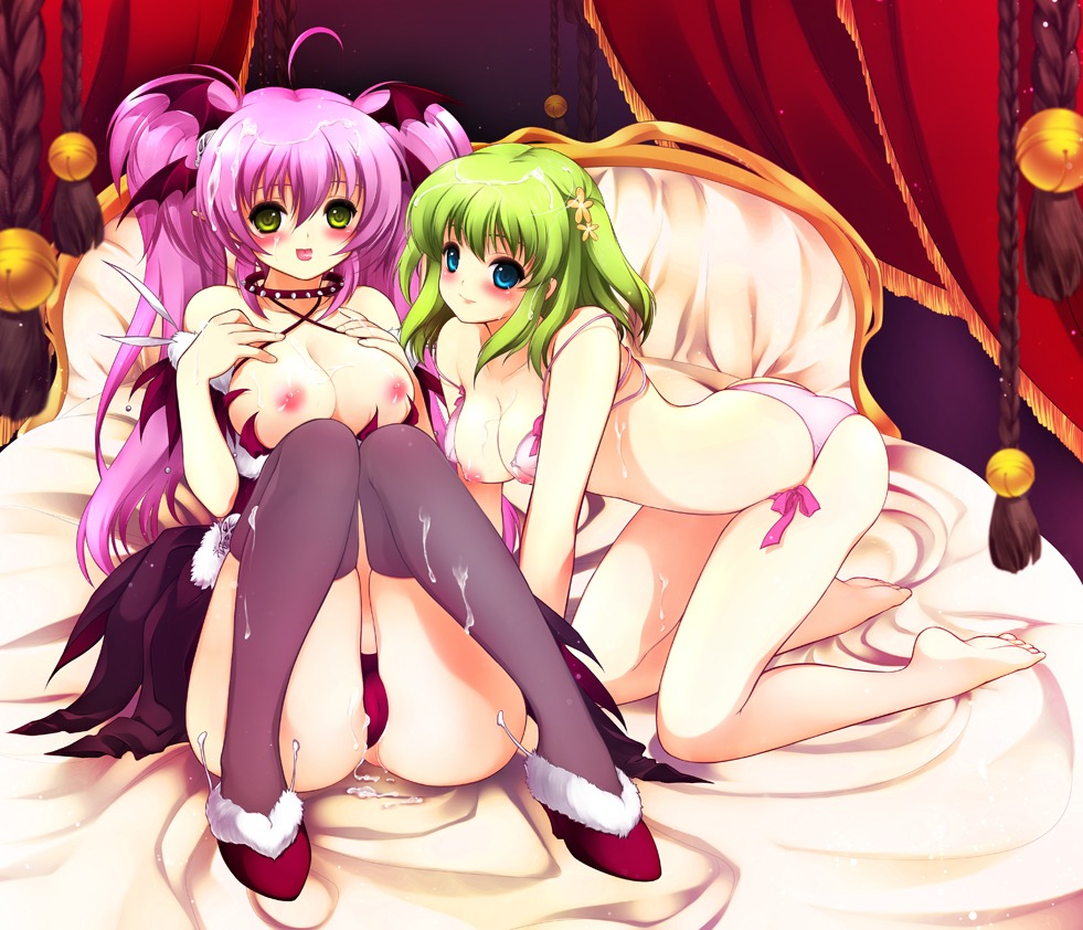 all_fours barefoot bed blue_eyes blush bra breasts cameltoe collar cum cum_on_body cum_on_breasts cum_on_clothes cum_on_hair cum_on_upper_body facial feet female female_only green_hair head_wings headwings juna legs lingerie multiple_females multiple_girls nipples original panties pink_hair pussy rule34 sitting smile straight_hair thighhighs tied_hair tongue twintails underwear yellow_eyes