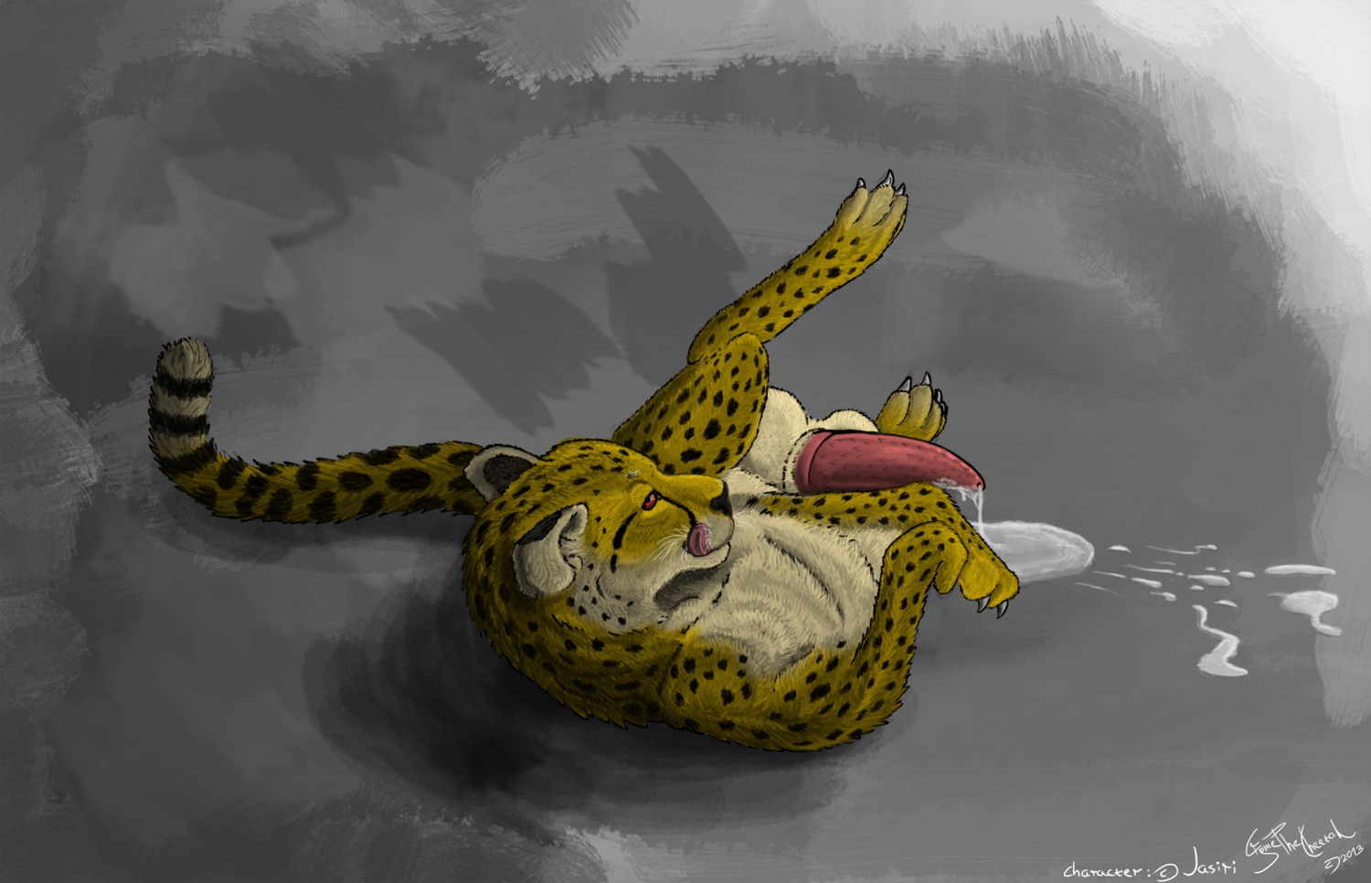 2013 after_masturbation animal_genitalia animal_penis balls big_balls big_penis bodily_fluids cheetah colored cryme_the_cheetah cum e621 erection felid feline feline_genitalia feline_penis feral fur genital_fluids genitals grin hi_res jasiri legs_up licking looking_at_viewer lying male mammal markings messy on_back oral paws penile_spines penis precum presenting red_eyes shaded smile solo spots spotted_body spotted_fur tongue tongue_out whiskers yellow_body yellow_fur