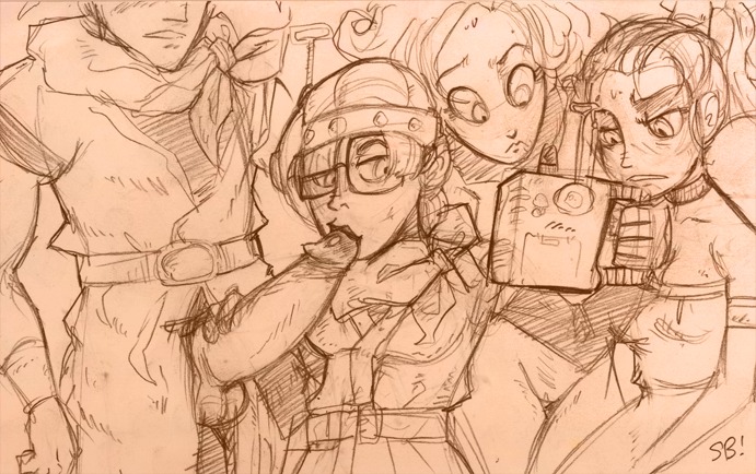 3girls ayla_(chrono_trigger) camera chrono_(series) chrono_trigger crono fellatio female human lucca_ashtear male marle monochrome multiple_females multiple_girls rule34 sketch straight