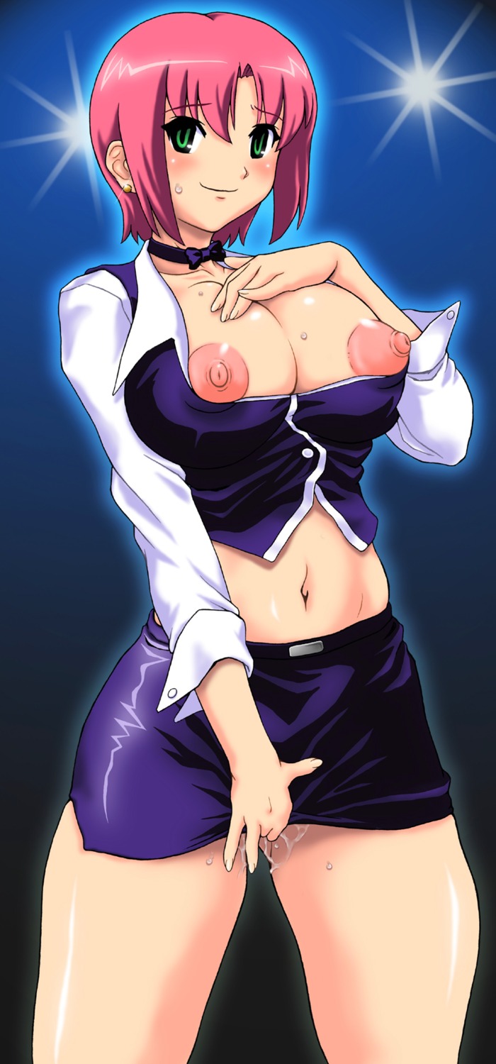 1girls 2d belly breasts female green_eyes masturbation pink_hair rio_rollins rule34 solo super_blackjack tagme