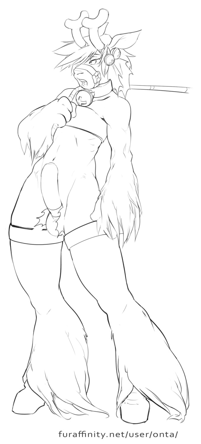 absurd_res anthro balls bell bridle collar collar_only deer doxy e621 erection foreskin genitals hi_res hooves humanoid_genitalia humanoid_penis male mammal monochrome new_world_deer nude penis reindeer solo text url