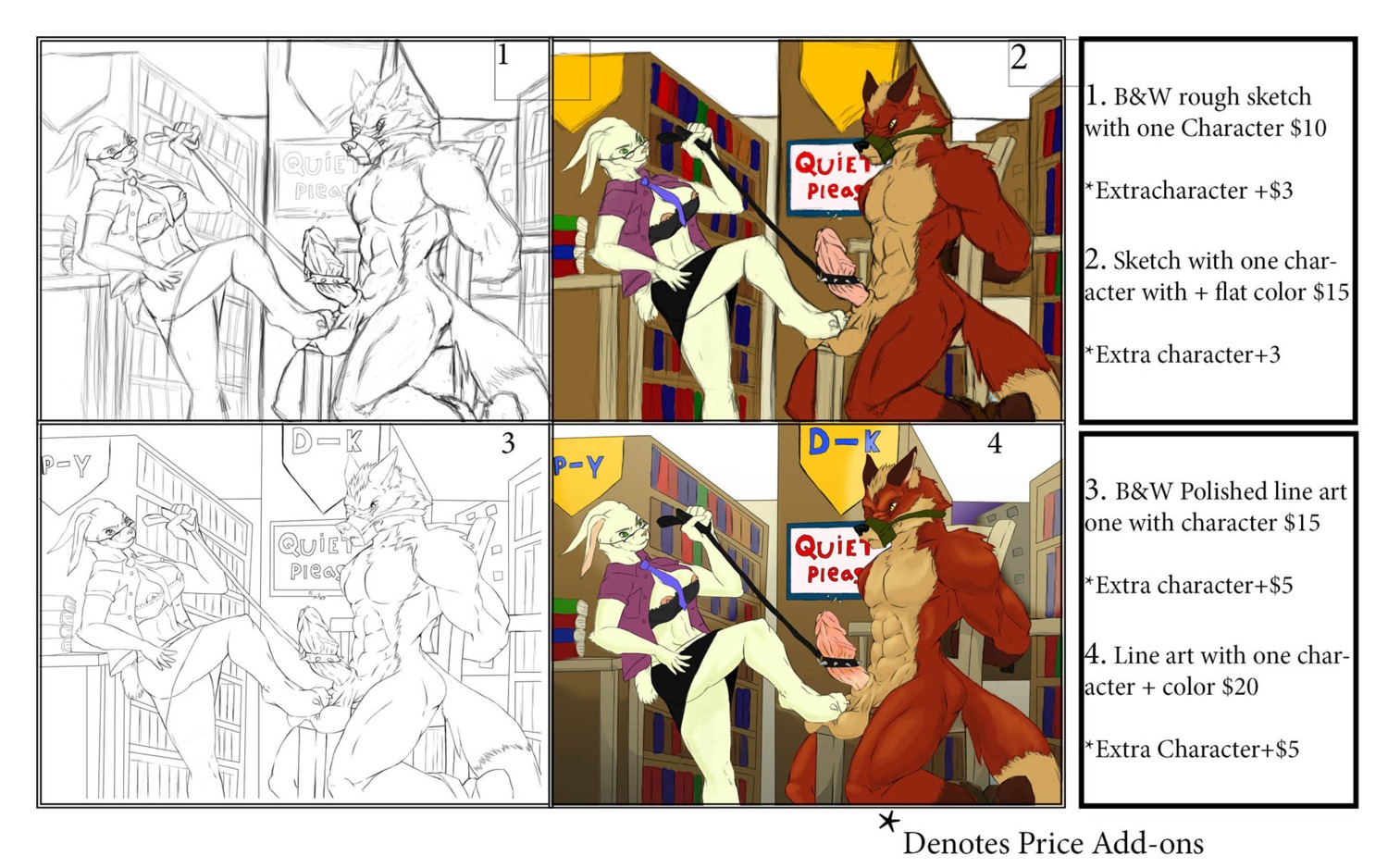 advertisement anthro balls book canid canine clothed clothing cock_and_ball_torture duo e621 english_text erection female fox genital_torture genitals hi_res humanoid_genitalia humanoid_penis inside interspecies kyrie_burnheart lagomorph leporid librarian library male male/female mammal nude penis predator/prey promotional_material rabbit text torture