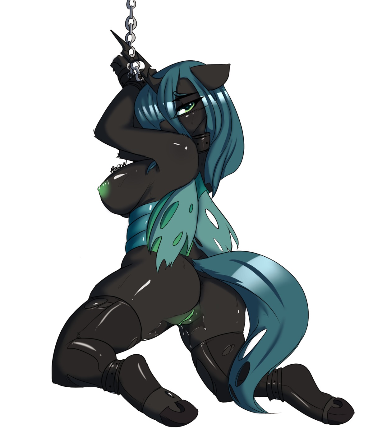 2014 5:6 anthro arthropod avante92 bdsm biped bondage bound breasts changeling_(mlp) e621 female friendship_is_magic fur hair hasbro hi_res horn insect_wings kneeling my_little_pony queen_chrysalis_(mlp) royalty simple_background solo submissive submissive_female wings