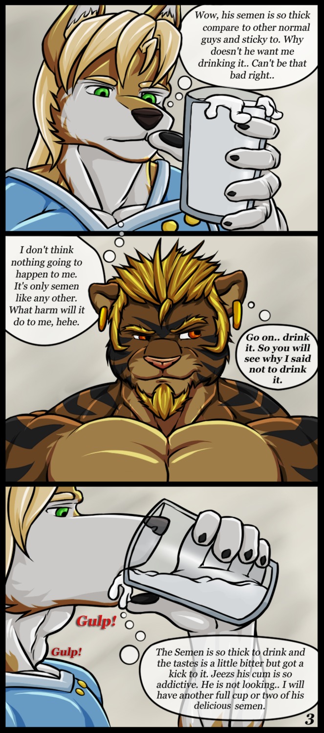 anthro athletic beard beverage big_muscles black_body black_border black_fur black_nose blonde_hair bodily_fluids border brown_body brown_eyes brown_fur canid canine canis clothed clothing comic cum cum_in_mouth cum_inside doctor's_office drinking drinking_cum duo e621 english_text facial_hair felid food fur genital_fluids green_eyes grey_body grey_fur hair hi_res hybrid imminent_transformation liger lion male mammal markings muscular muscular_male nurse pantherine pecs pink_nose pose pre-transformation scrubs shirt stripes tan_body tan_fur text tiger topless topwear wolf zeusralo zeusralo_(character)