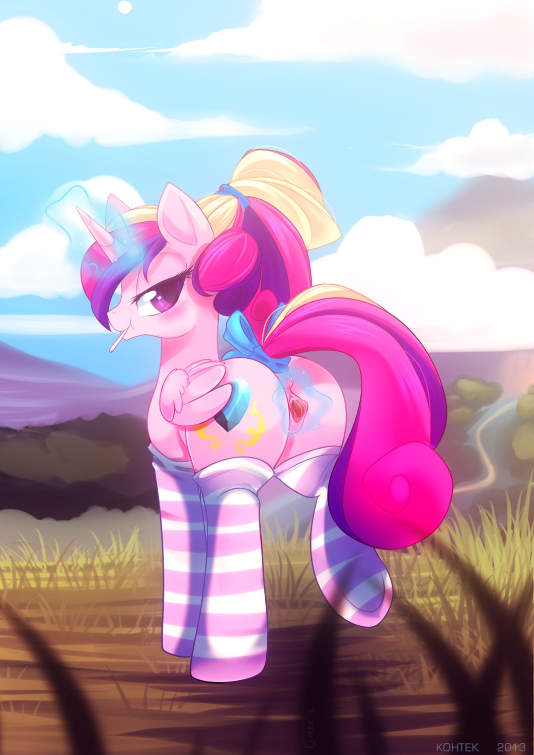 2013 absurd_res accessory anus blush bow_(feature) bow_accessory bow_ribbon butt candy clothing cloud cutie_mark dessert e621 equid equine feathered_wings feathers female feral food friendship_is_magic fur furgonomics gaping genitals glowing grass hair hair_accessory hair_bow hair_ribbon half-closed_eyes hasbro hi_res horn inviting kohtek legwear lollipop looking_at_viewer looking_back magic mammal multicolored_hair my_little_pony mythological_creature mythological_equine mythology narrowed_eyes outside pink_body pink_feathers pink_fur plant ponytail presenting presenting_hindquarters presenting_vulva princess_cadance_(mlp) purple_eyes rear_view ribbons signature sky smile solo spread_vulva spreading stockings tail tail_accessory tail_bow tail_ribbon vulva winged_unicorn wings