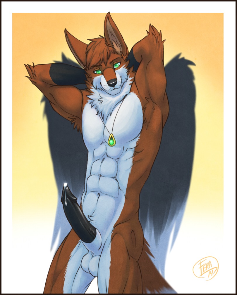 2014 abs anthro armpit_hair balls belly biceps biped black_body black_fur black_nose black_penis bodily_fluids body_hair canid canine chest_tuft e621 erection feralise fox fur genital_fluids genitals gloves_(marking) green_eyes hands_behind_head humanoid_genitalia humanoid_penis hybrid jewelry looking_at_viewer male mammal markings muscular muscular_anthro muscular_male necklace nude orange_body orange_fur ozone_griffox pecs penis precum solo standing tuft vein whiskers white_belly white_body white_fur