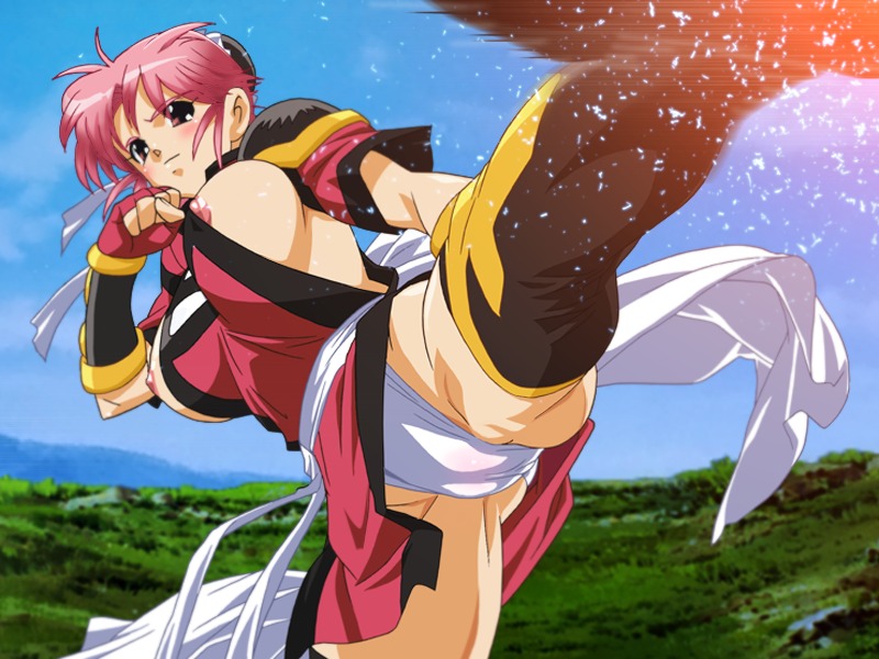 1girls blush breasts dragon_quest dragon_quest_dai_no_daibouken erect_nipples female fighter fingerless_gloves gloves holy_inn human kicking large_breasts light-skinned_female light_skin long_hair maam nipple_slip nipples no_bra outside pale-skinned_female pale_skin panties panty_shot pantyshot pink_eyes pink_hair rule34 shounen_jump wardrobe_malfunction