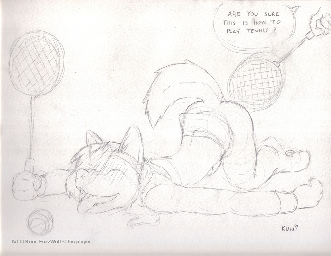 ^_^ ambiguous_gender anthro ass_up ball butt_slap canid canine canis dialogue disembodied_hand doing_it_wrong duo e621 english_text erection eyes_closed femboy fuzzwolf genitals happy holding_object kuni lying male male/ambiguous mammal monochrome on_front open_mouth penis raised_tail signature slap smile solo_focus spanking speech_bubble sport tail tennis tennis_ball tennis_racket text tongue tongue_out traditional_media_(artwork) wolf