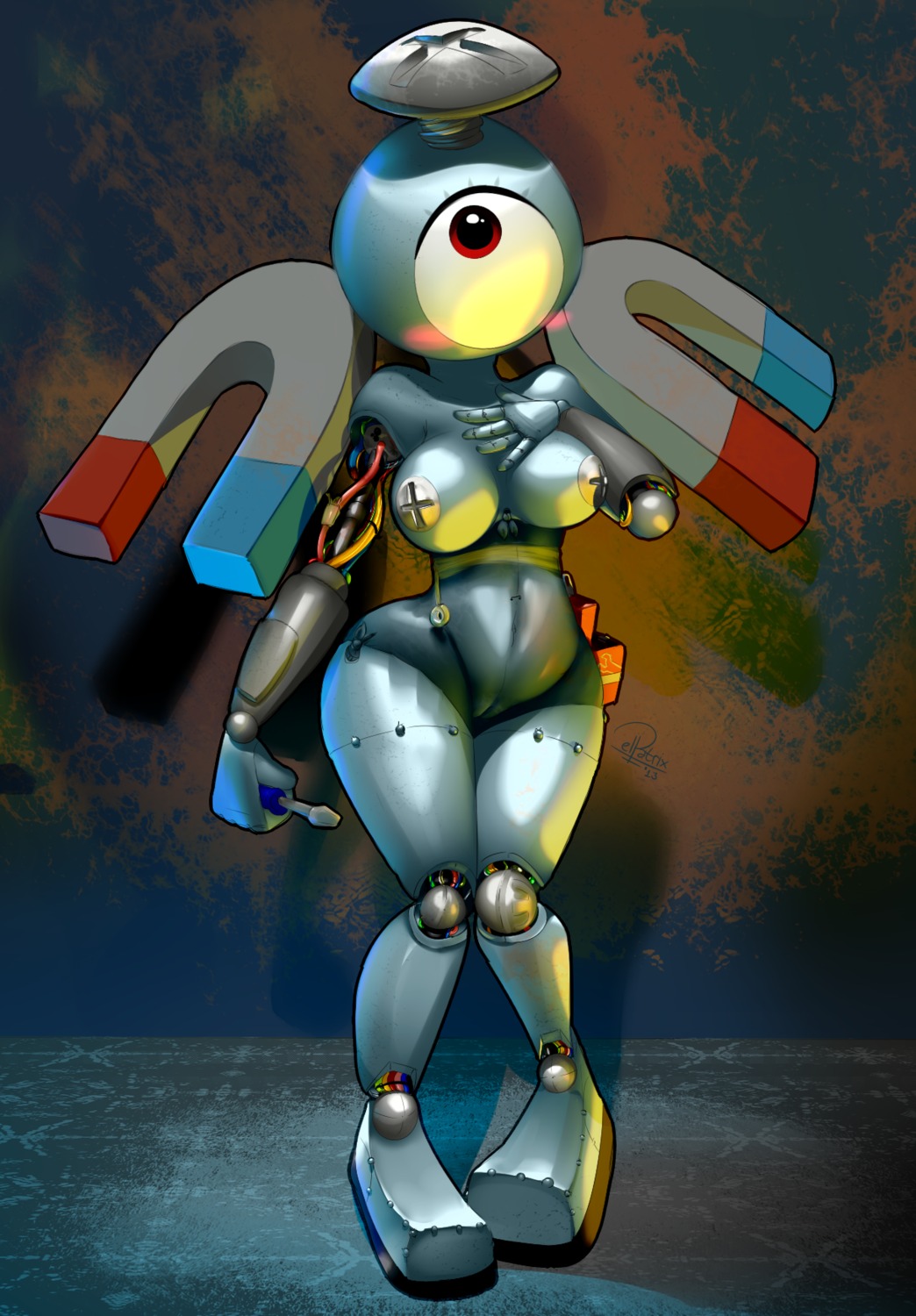 1_eye 2013 abstract_background alternate_species big_breasts big_eyes blush breasts cable clothing cropped digital_media_(artwork) e621 elpatrixf feet female female_humanoid front_view generation_1_pokemon genitals glistening grey_body hairless hand_on_breast hi_res humanoid humanoidized looking_at_viewer machine maggie_(elpatrixf) magnemite magnet mecha metal metallic_body navel nintendo nipples not_furry nude pokemon pokemon_(species) red_eyes robot screw shy simple_background solo standing thick_thighs unusual_anatomy unusual_nipples vulva wide_hips wire