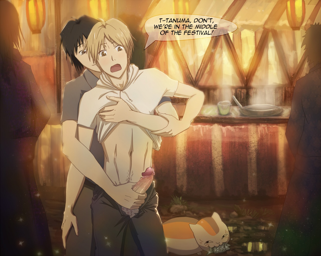 2boys anma exhibitionism foreskin fully_retracted_foreskin handjob kaname_tanuma male male_only natsume_yuujinchou nyanko-sensei penis retracted_foreskin rule34 shirt_lift takashi_natsume uncircumcised yaoi