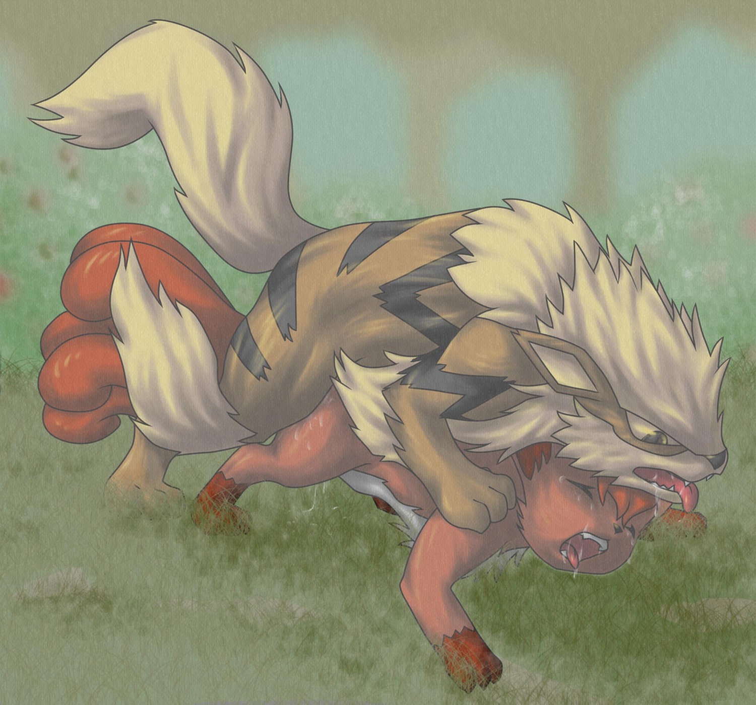 2008 9_6 arcanine blonde_hair bodily_fluids butt canid canine cum cum_on_butt cum_on_ground duo e621 eyes_closed female feral feral_on_feral from_behind_position fur generation_1_pokemon genital_fluids grass hair hi_res interspecies leaking_cum male male/female mammal multi_tail nintendo open_mouth orange_body orange_fur outside plant pokemon pokemon_(species) saliva sex stripes tail tongue tongue_out vulpix