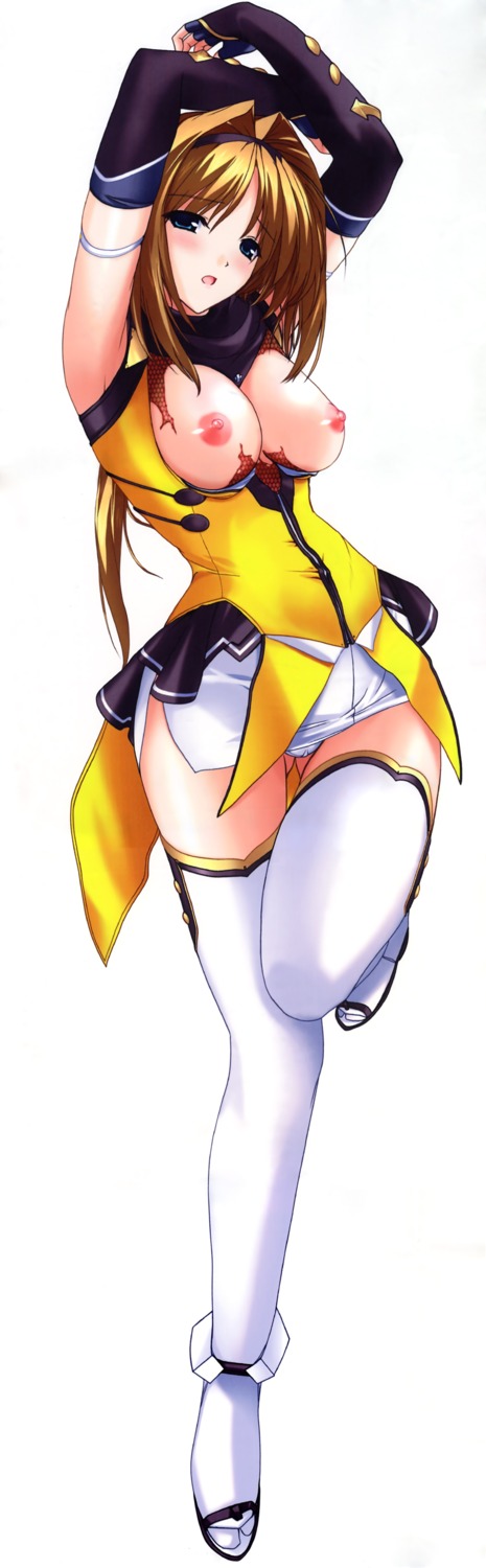alice_soft blush breasts choukou_(alicesoft) choukou_sennin_haruka clothing female medium_breasts nipples onigirikun open_clothes open_shirt oppai rule34 shirt stockings takamori_haruka thighhighs torn_clothes