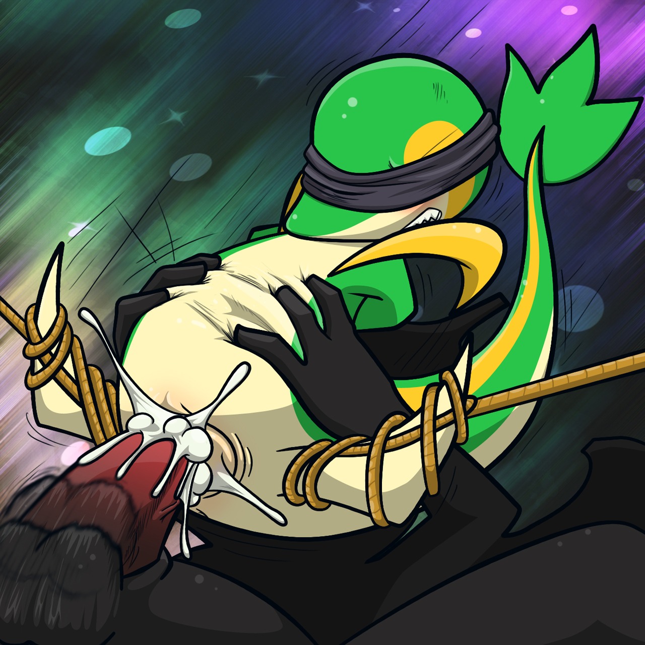 1girls arms_behind_back blindfold blush clenched_teeth cum cum_in_pussy cum_inside fellarts female interspecies male nude penetration penis pokemon pokemon_(species) pussy restrained rule34 sex size_difference snivy spread_legs torso_grab vaginal_penetration