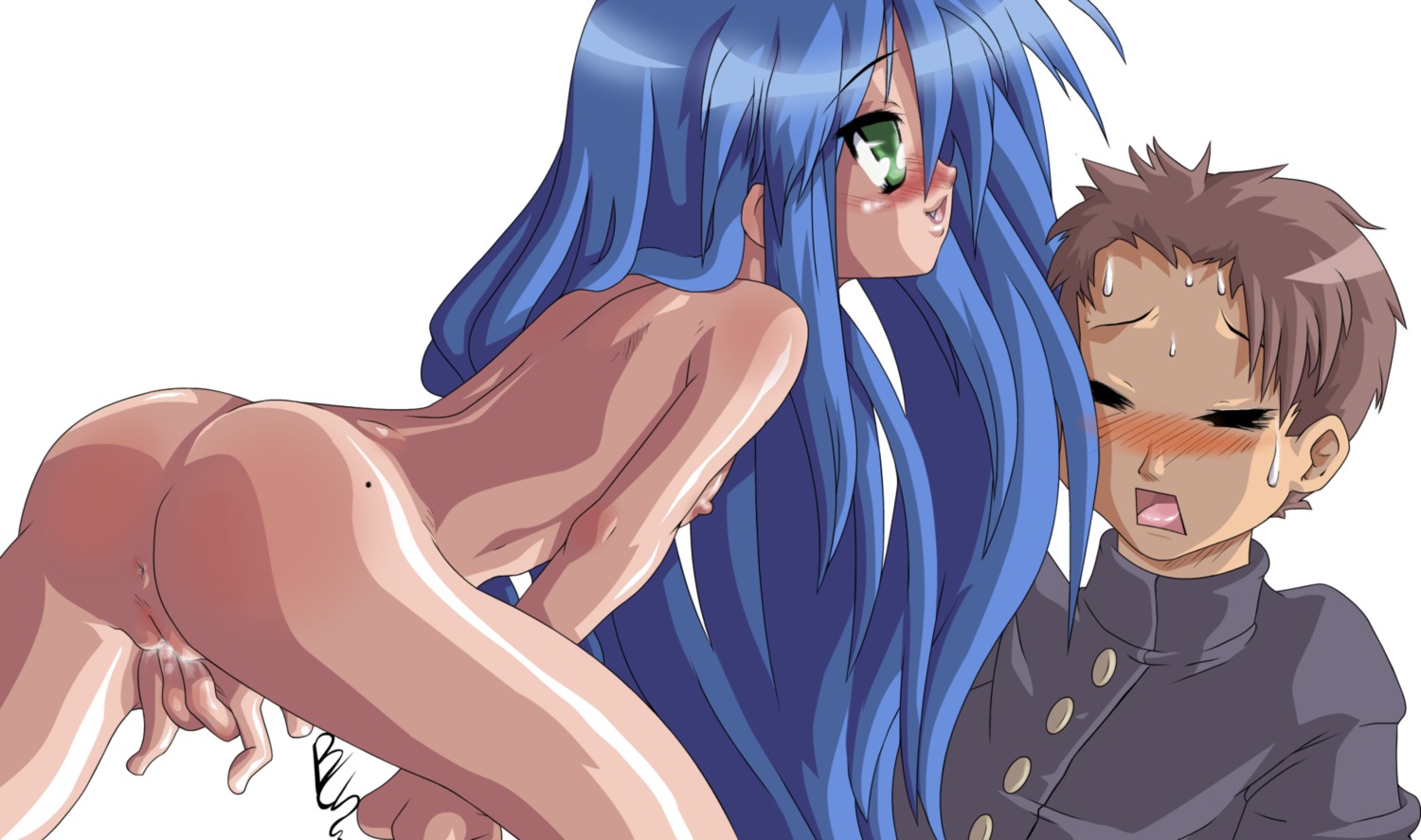 1boy 1girls blue_hair clothed_male_nude_female female fingering_self konata_izumi lucky_star male minoru_shiraishi rule34 tagme