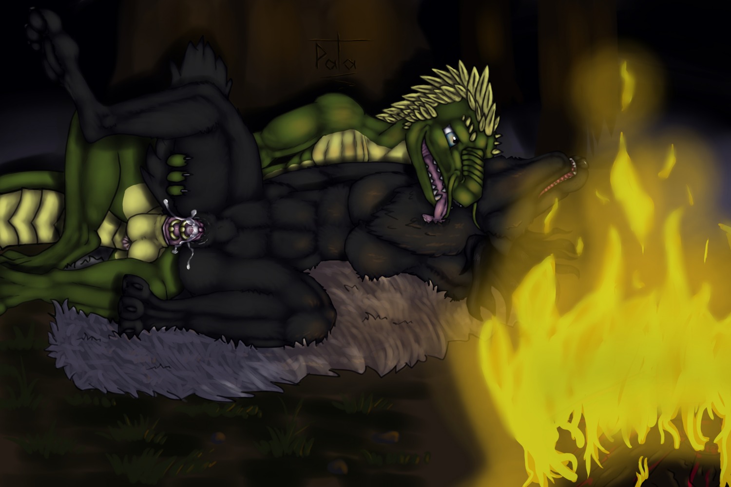 3:2 abs absurd_res anthro anus balls biceps black_body bodily_fluids breasts camp canid canine canis cum cum_in_vagina cum_inside cum_on_penis cumshot duo e621 ejaculation erection female female_penetrated fire forest genital_fluids genitals green_body hi_res interspecies kloogshicer leaking licking lizard lying male male/female male_penetrating male_penetrating_female mammal muscular nude on_back on_side orgasm outside pecs penetration penile penile_penetration penis penis_in_vagina plant public reptile scales scalie sex spread_legs spreading tail tongue tongue_out tree vaginal vaginal_penetration vulva wolf