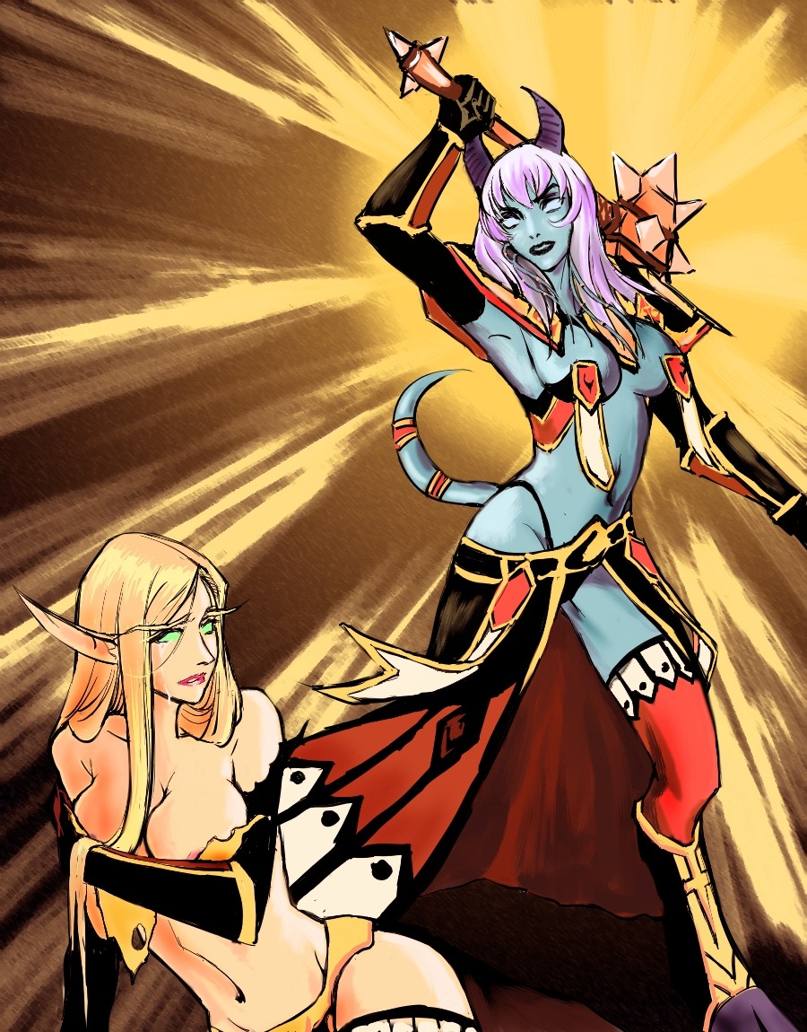 2007 2girls alliance_(warcraft) artist_request blizzard_entertainment blonde_hair blood_elf draenei draenei_paladin female horde judgement_armor mace paladin_(warcraft) rule34 source_request sulfuras_hand_of_ragnaros warcraft weapon world_of_warcraft