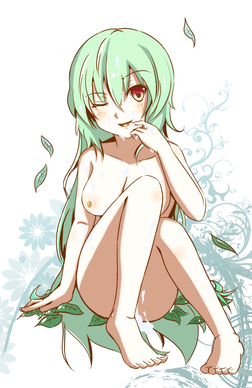 breasts cum female green_hair highres leaves long_hair nude rule34 simple_background touhou youkai yuka_kazami