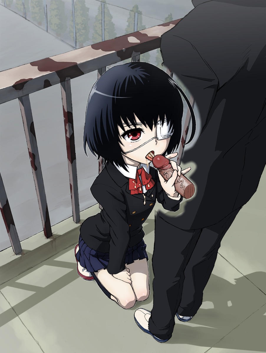 ahoge another black_hair clothed_sex clothing cum cum_in_mouth cum_on_clothes cumshot ejaculation eye_patch fellatio female footwear hair handjob high_resolution kneeling male misaki_mei oral penis public red_eyes rule34 school_uniform schoolgirl shoes skirt socks tengudake uncensored