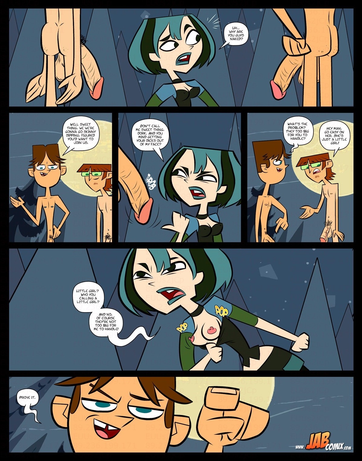1girls 2boys black_hair blue_hair blue_lipstick breasts cartoon_network cheating cheating_girlfriend cleavage cody_(tdi) dyed_hair female goth gwen_(tdi) harold_(tdi) jab light-skinned_female light_skin male nipples outdoors pale-skinned_female pale_skin penis puberty pubic_hair rickfields rule34 straight teal_hair teletoon threesome total_drama_island white_female white_male