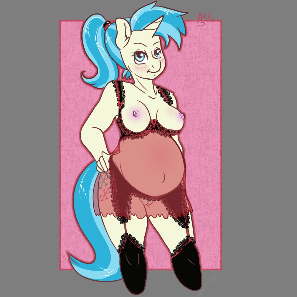 1:1 2014 alpha_channel anthro anthrofied belly big_belly blue_eyes blue_hair blush breasts clothing cutie_mark digital_media_(artwork) e621 equid equine female friendship_is_magic fur garter_belt garter_straps geeflakes genitals hair hasbro horn legwear lingerie looking_at_viewer mammal my_little_pony mythological_creature mythological_equine mythology pinny_lane_(mlp) pregnant simple_background smile solo stockings tan_body tan_fur translucent translucent_clothing transparent_background unicorn vulva