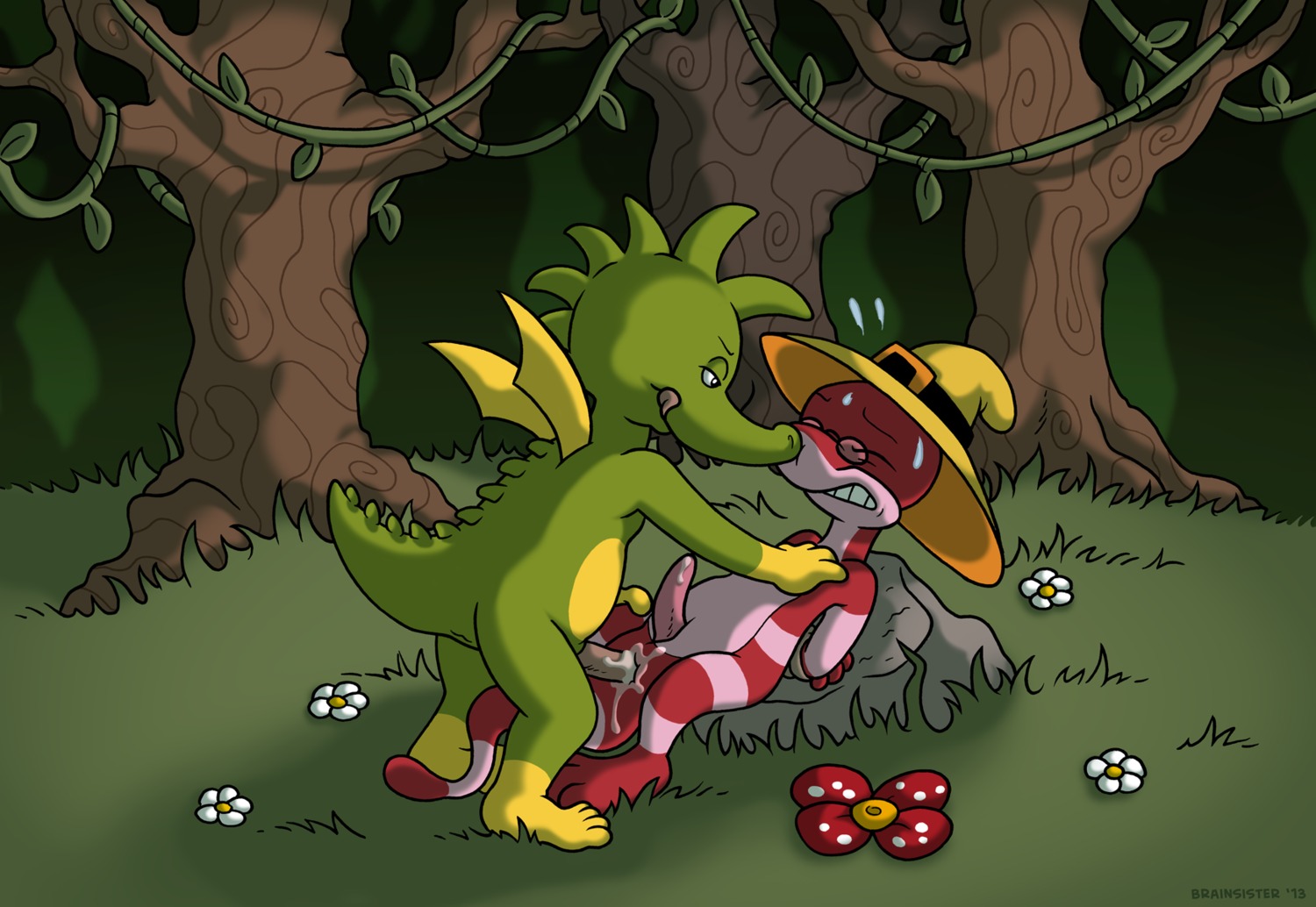 anal anal_penetration animal_genitalia anthro anthro_on_anthro anthro_penetrated anthro_penetrating anthro_penetrating_anthro arms_tied biped bodily_fluids bound brainsister clenched_teeth clothing cum cum_in_ass cum_inside detailed_background doc_croc_(simsala_grimm) dragon duo e621 erection eyewear flower flying_sweatdrops forced forest genital_fluids genital_slit genitals glasses gloves_(marking) grass green_body green_skin half-closed_eyes hand_on_chest hands_behind_back hat hat_only headgear headgear_only headwear headwear_only hi_res leg_markings licking licking_lips looking_at_another looking_at_partner lying male male/male male_penetrated male_penetrating male_penetrating_male markings mostly_nude multicolored_body multicolored_skin mythological_creature mythological_scalie mythology narrowed_eyes naturally_unclothed nude on_back outside penetration penis pink_penis pink_tongue plant rape red_body red_skin rock scalie self_lick sex simsala_grimm socks_(marking) standing stripes sweat sweatdrop tabaluga tabaluga_(series) tail teeth tongue tongue_out tree two_tone_body two_tone_skin white_body white_skin wings yellow_body yellow_skin