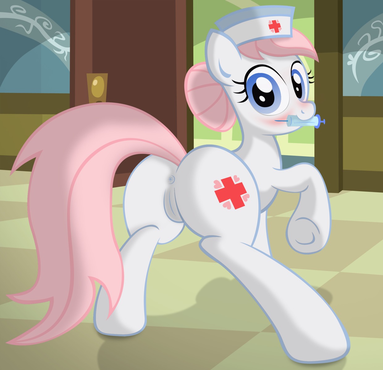 anus blue_eyes butt cutie_mark e621 earth_pony equid equine female feral friendship_is_magic genitals hair hasbro hi_res horse looking_back mammal my_little_pony nurse_redheart_(mlp) pink_hair pony quadruped solo syringe tail vulva ziemniax