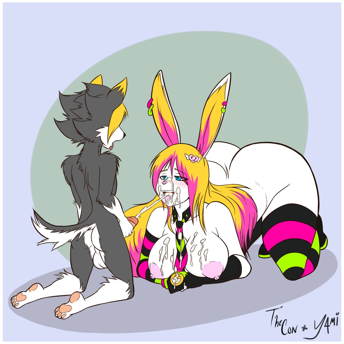 1:1 anthro balls blonde_hair blue_eyes blush bodily_fluids border breasts butt cum cum_in_mouth cum_inside cum_on_breasts cumshot duke_(thecon) duo e621 ear_piercing ejaculation erection female fur genital_fluids genitals grey_body grey_fur hair hi_res humanoid_genitalia humanoid_penis larger_female lully_pop male male/female mostly_nude nipples nude open_mouth penis piercing pink_hair size_difference smaller_male thecon tongue white_body white_border white_fur yamiikarus