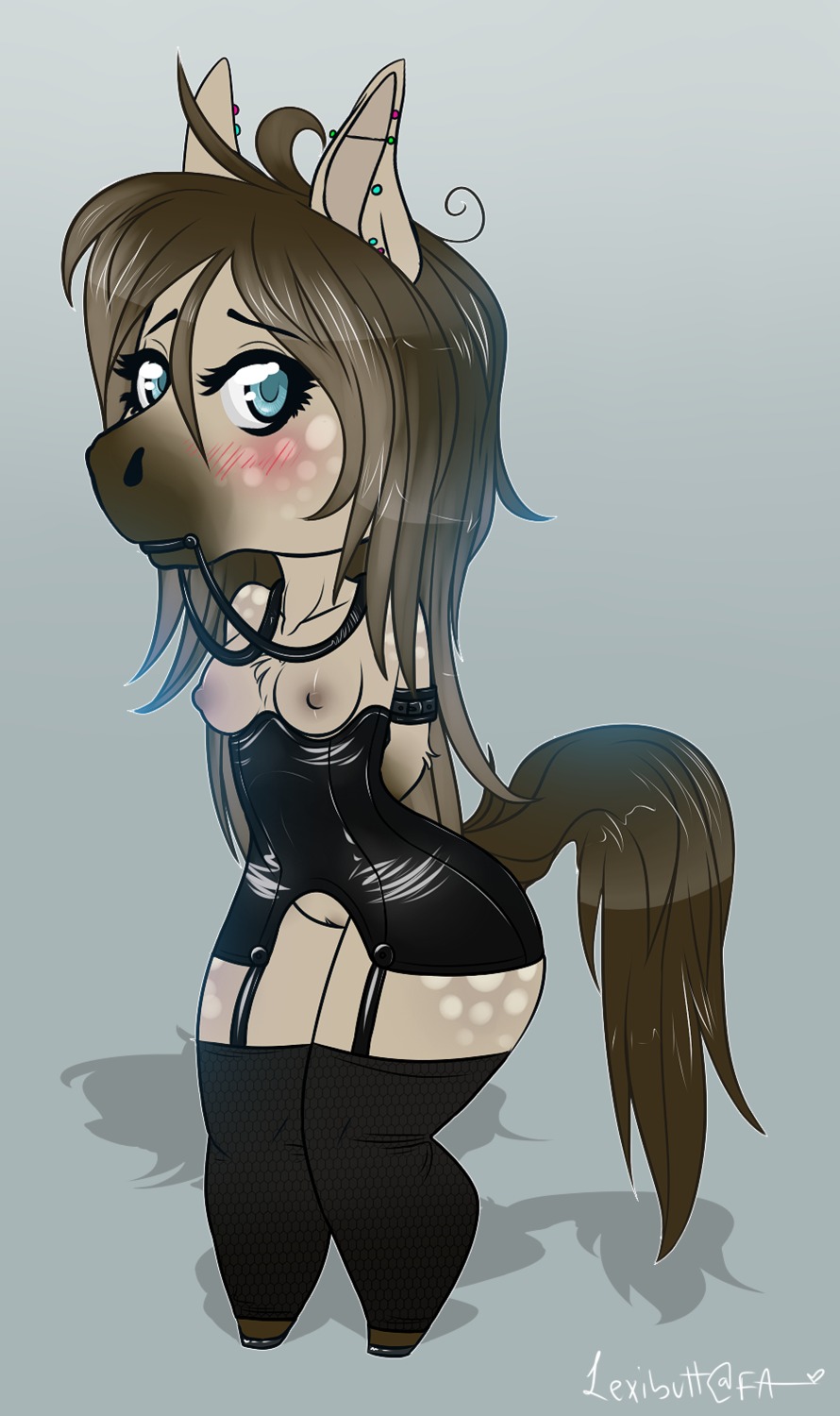 2014 anthro biped blue_eyes blush breasts brown_hair chibi clothing e621 ear_piercing equid equine eris_(marefurryfan) eyebrows eyelashes female genitals hair hi_res horse latex legwear lexibutt long_hair looking_at_viewer mammal nipples piercing pony shadow simple_background solo standing stockings vulva