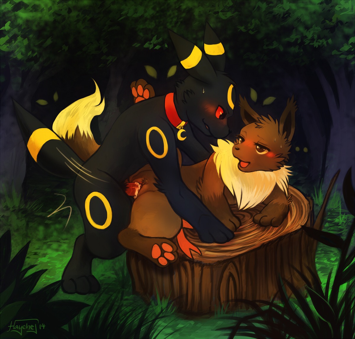 2014 blush bodily_fluids canid canine collar detailed_background digital_media_(artwork) duo_focus e621 eevee eeveelution emma_the_eevee erection fan_character female female_penetrated feral forest generation_1_pokemon generation_2_pokemon genitals grass group haychel male male/female male_penetrating male_penetrating_female mammal motion_lines nature nintendo nude outside penetration penile penile_penetration penis penis_in_vagina plant pokemon pokemon_(species) qwazzy raised_leg ribbons sex sweat tree tree_stump umbreon vaginal vaginal_penetration vulva
