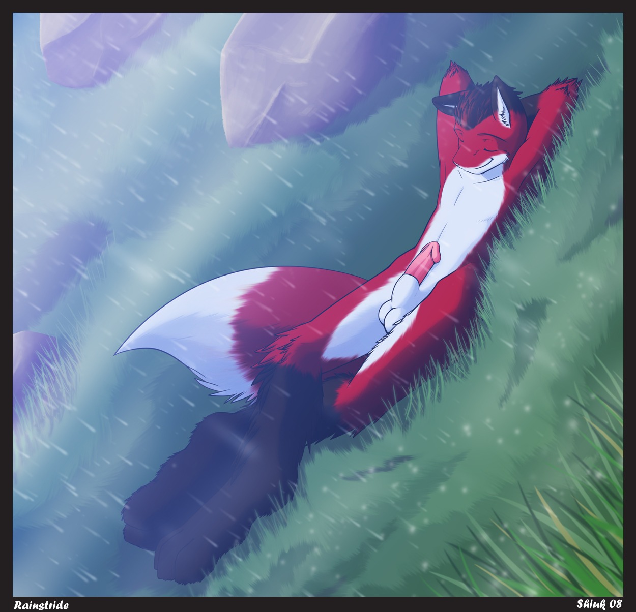 animal_genitalia anthro canid canine dipstick_tail e621 erection fox genitals grass hi_res humanoid_genitalia humanoid_penis male mammal markings nude penis plant sheath shiuk solo tail tail_markings