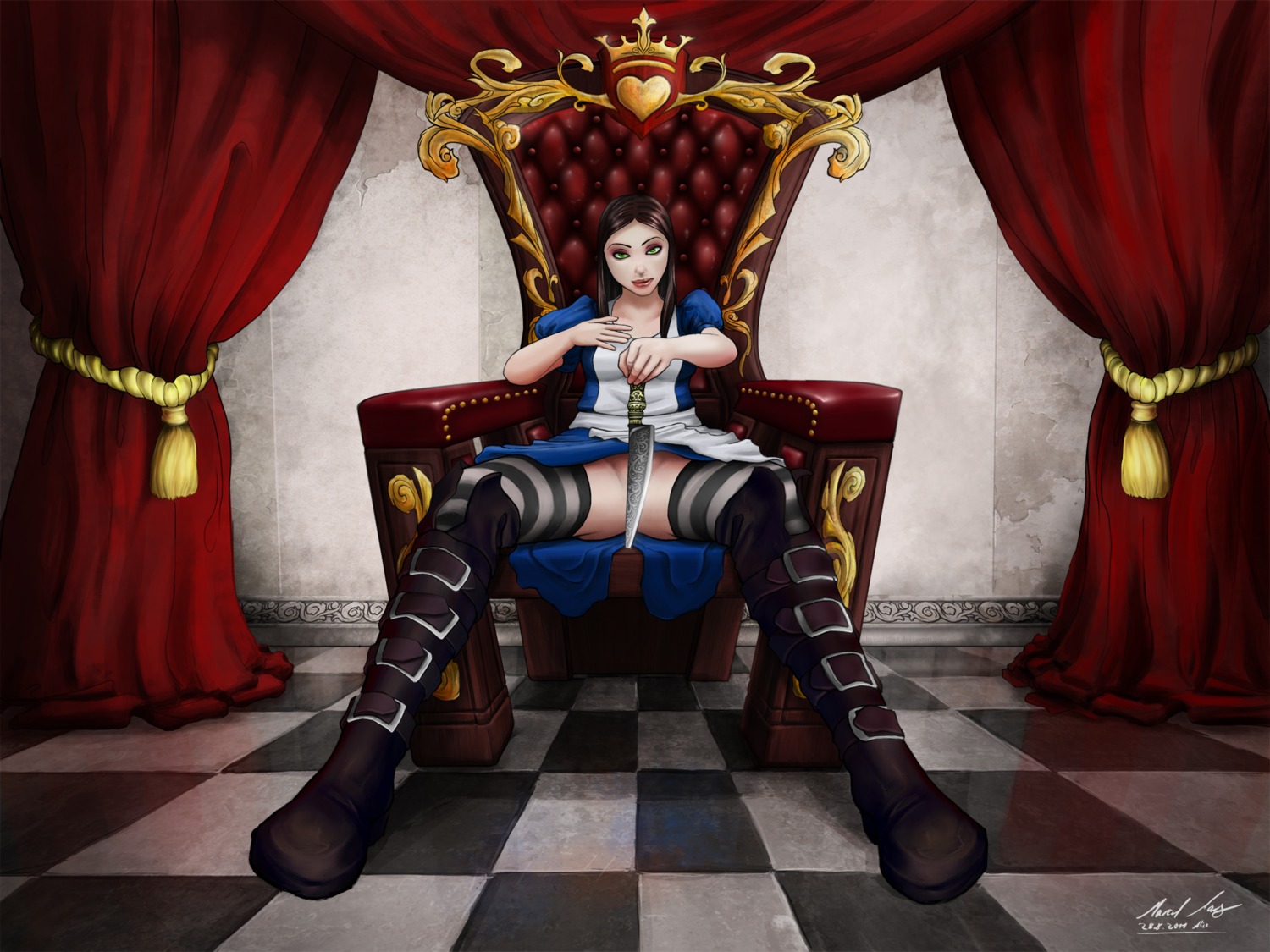 1girls 2d alice_(madness_returns) alice_in_wonderland alice_liddell alice_madness_returns american_mcgee's_alice breasts dress female female_only green_eyes knife rule34 sitting solo solo_female throne vorpal_blade