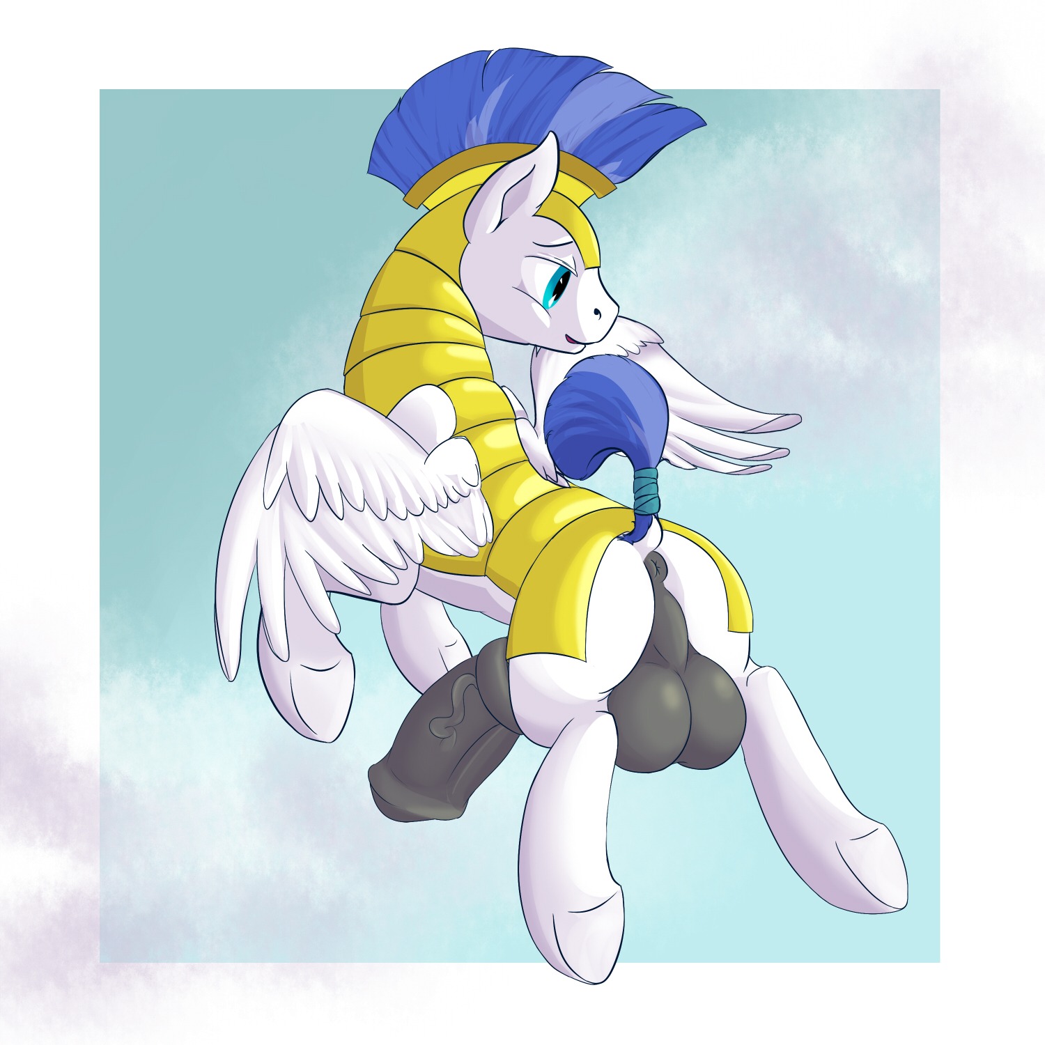 1:1 animal_genitalia animal_penis anus armor backsack balls black_penis blue_eyes e621 equid equine equine_genitalia equine_penis erection feathered_wings feathers feral friendship_is_magic genitals hasbro hi_res male mammal my_little_pony mythological_creature mythological_equine mythology pegasus penis perineum postscripting quadruped royal_guard_(mlp) solo tail white_body white_feathers wings