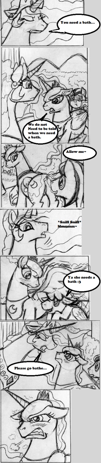 2013 black_and_white canterlot cielo_rey comic crown dialogue e621 english_text equid equine fan_character female feral flightless friendship_is_magic genitals group hair hasbro headgear hi_res horn horse long_image mammal monochrome my_little_pony princess princess_celestia_(mlp) princess_luna_(mlp) royalty scent sketch sniffing tall_image text vulva