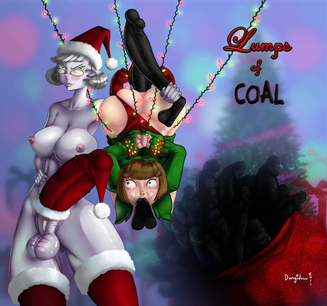 1futa 1girls breasts christmas dongidew english english_text female futanari gilf glasses intersex mrs._claus nipples penis rule34
