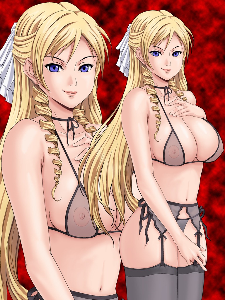 black_bra black_thong blonde_hair breasts discipline:record_of_a_crusade female garter_belt large_breasts lingerie long_hair morimoto_leona nightmare_express nipples pointy_chin rule34 underwear