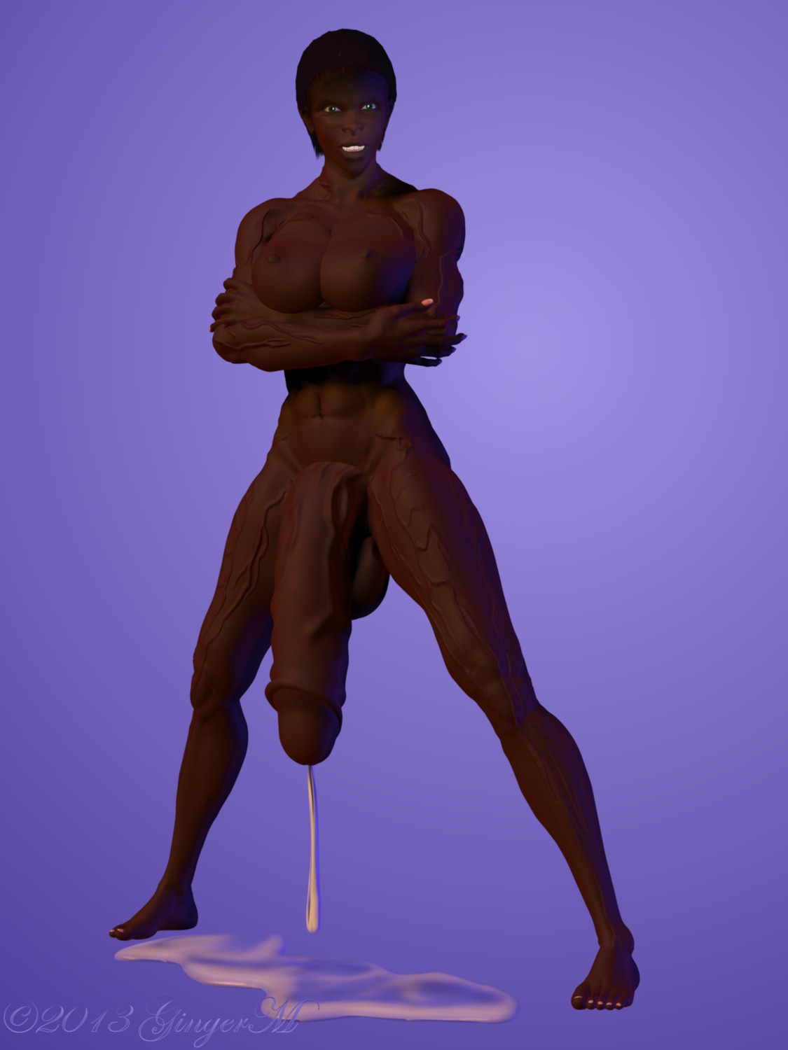 2013 3:4 3d_(artwork) absurd_res balls big_balls big_penis black_hair bodily_fluids breasts cum digital_media_(artwork) dripping drooling e621 flaccid genital_fluids genitals gingerm gynomorph hair hi_res human hyper intersex j._"wrecking"_crewe mammal muscular muscular_gynomorph muscular_intersex not_furry nude penis saliva solo vein